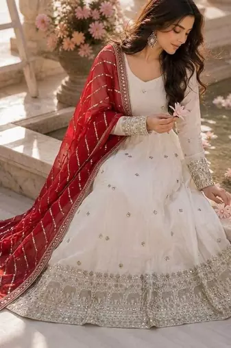 Pure natural vichitra silk anarkali gown with sequence work & dupatta