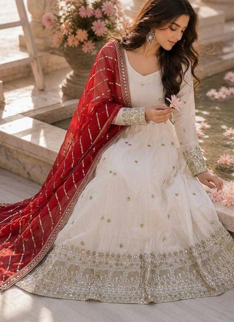 Pure natural vichitra silk anarkali gown with sequence work & dupatta