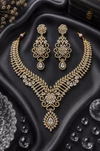 Gold Finish White Diamond Party Wear Necklace Set