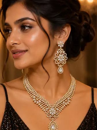 Gold Finish White Diamond Party Wear Necklace Set