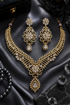 Gold Finish White Diamond Party Wear Necklace Set 5