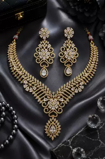 Gold Finish White Diamond Party Wear Necklace Set