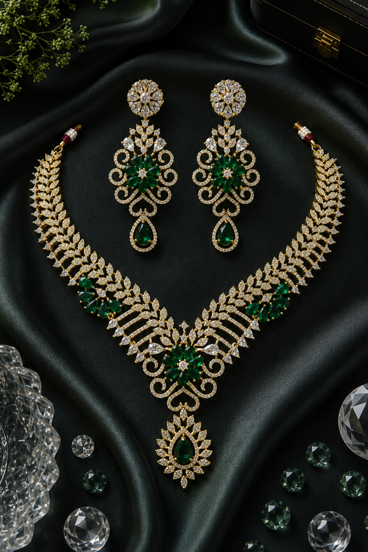 Gold finish electric green diamond necklace set