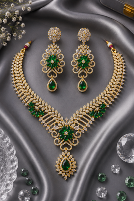 Gold finish electric green diamond necklace set 4