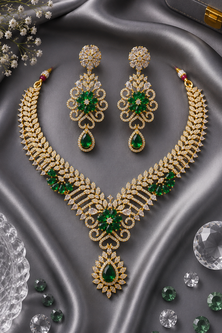 Gold finish electric green diamond necklace set