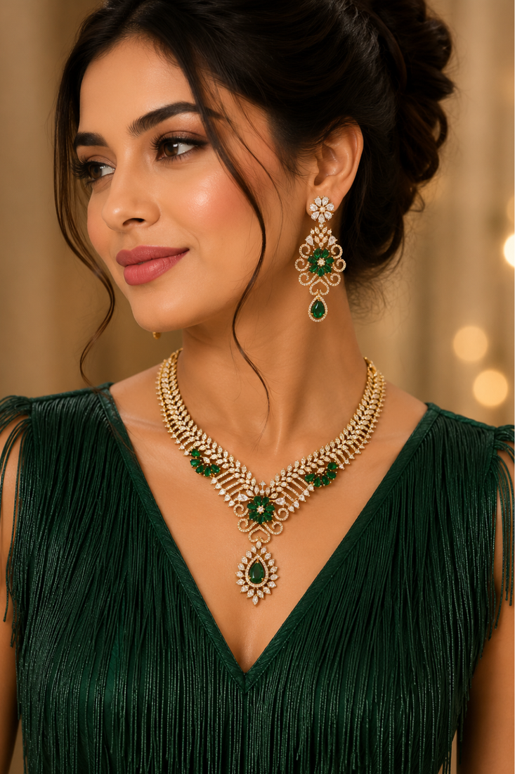 Gold finish electric green diamond necklace set