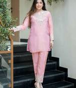Elegant pink simmar silk kurta palazzo set with mirror & sequence embroidery work