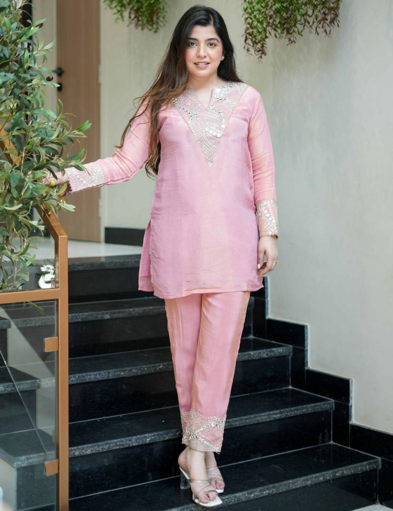 Elegant pink simmar silk kurta palazzo set with mirror & sequence embroidery work