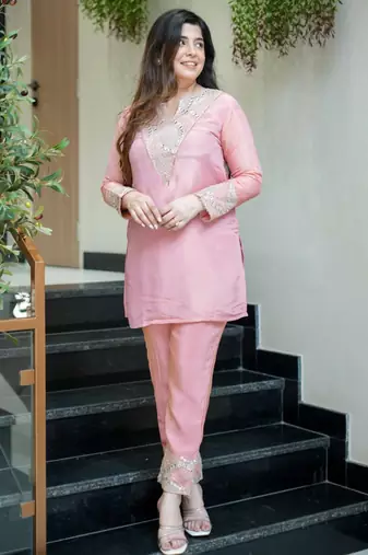  pink silk blend kurta palazzo set