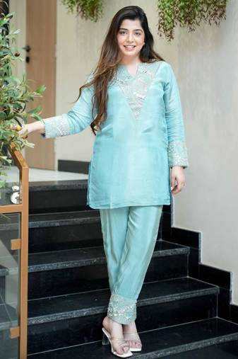 Designer aqua blue simmar silk kurta palazzo set with mirror & sequence embroidery