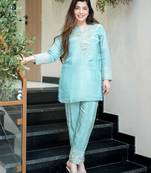 Designer aqua blue simmar silk kurta palazzo set with mirror & sequence embroidery