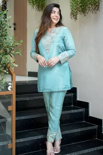 aqua blue silk blend kurta palazzo set