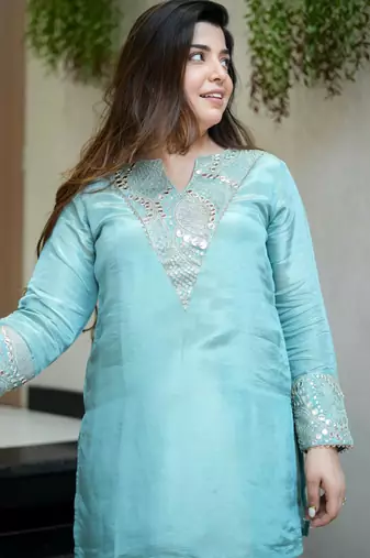 aqua blue silk blend kurta palazzo set