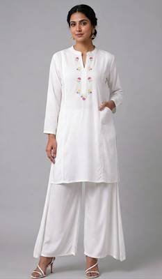 White embroidered rayon kurta set 1