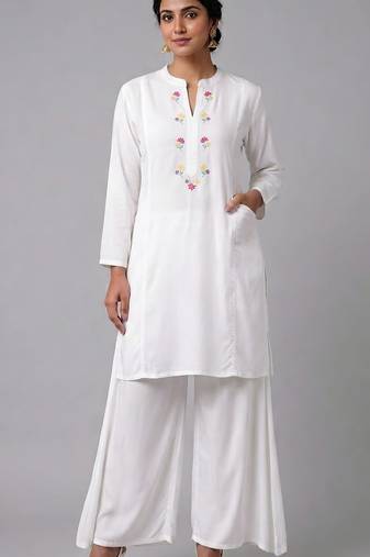 White embroidered rayon kurta set