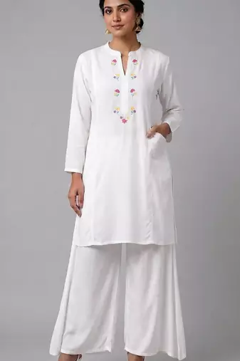 White embroidered rayon kurta set