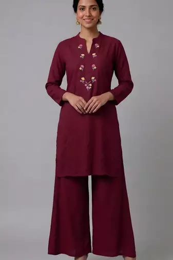 Maroon embroidered rayon kurta set