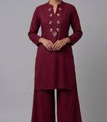 Maroon embroidered rayon kurta set