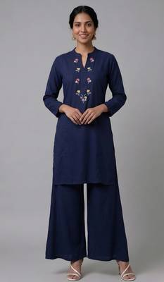 Blue embroidered rayon kurta set 1