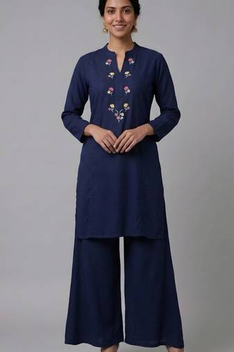 Blue embroidered rayon kurta set