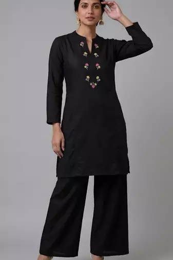 Black embroidered rayon kurta set