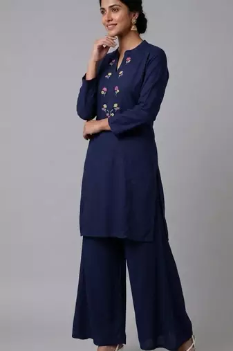 Blue embroidered rayon kurta set