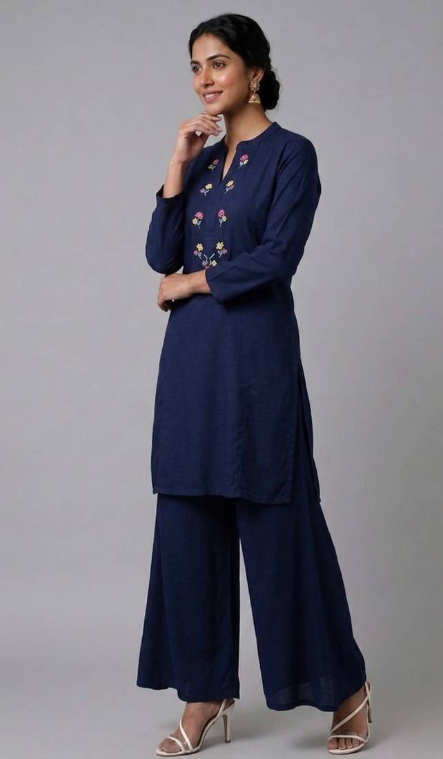 Blue embroidered rayon kurta set