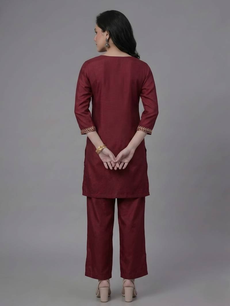 Maroon embroidered rayon kurta set