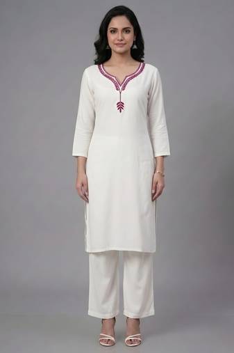 White embroidered rayon kurta set