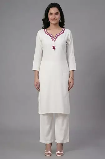 White embroidered rayon kurta set