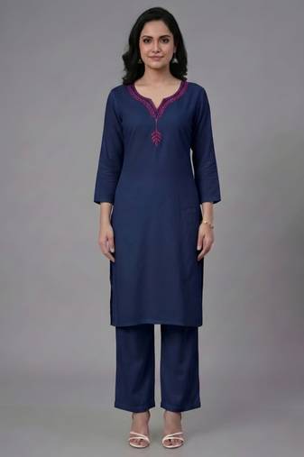 Blue embroidered rayon kurta set