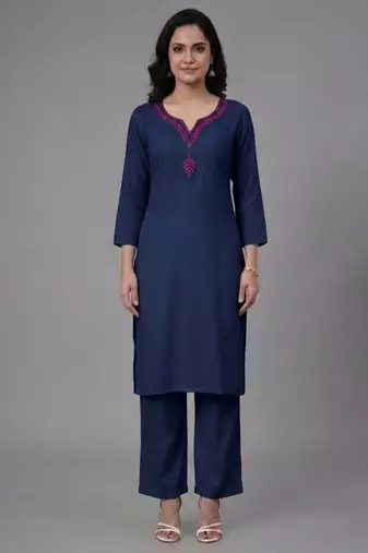 Blue embroidered rayon kurta set