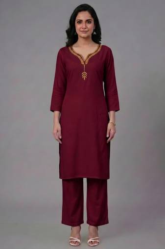 Maroon embroidered rayon kurta set