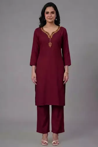 Maroon embroidered rayon kurta set