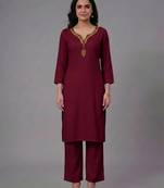 Maroon embroidered rayon kurta set