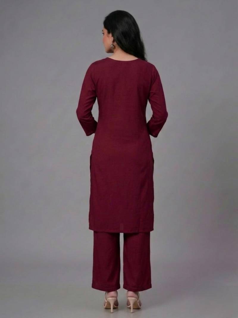 Maroon embroidered rayon kurta set