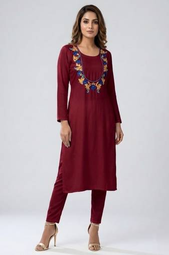 Maroon embroidered rayon kurta set
