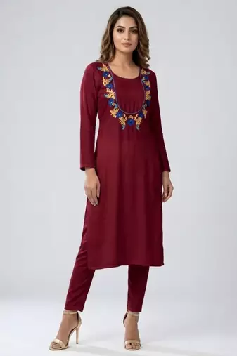Maroon embroidered rayon kurta set