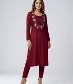 Maroon embroidered rayon kurta set