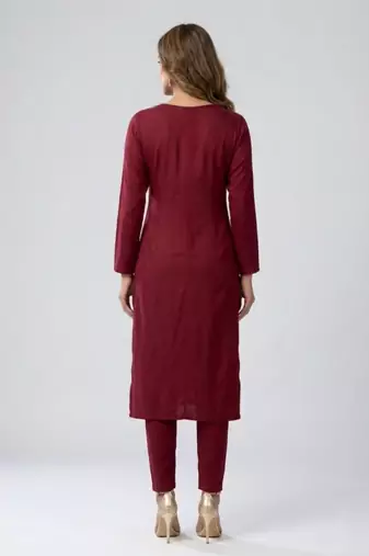 Maroon embroidered rayon kurta set