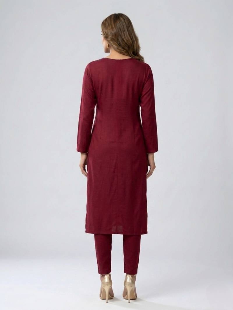 Maroon embroidered rayon kurta set