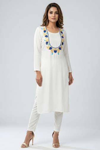 White embroidered rayon kurta set