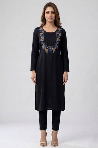 Black embroidered rayon kurta set