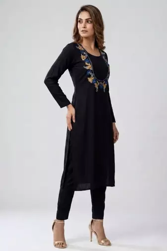 Black embroidered rayon kurta set