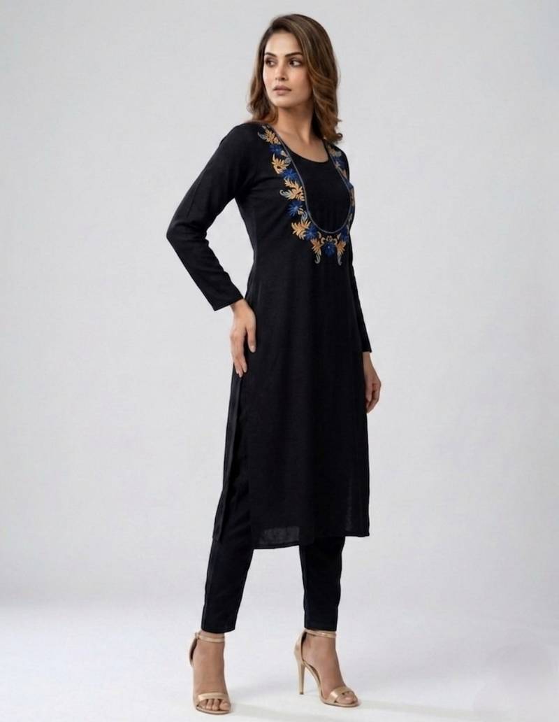 Black embroidered rayon kurta set