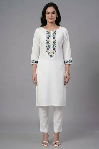 White embroidered rayon kurta set