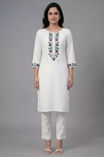 White embroidered rayon kurta set