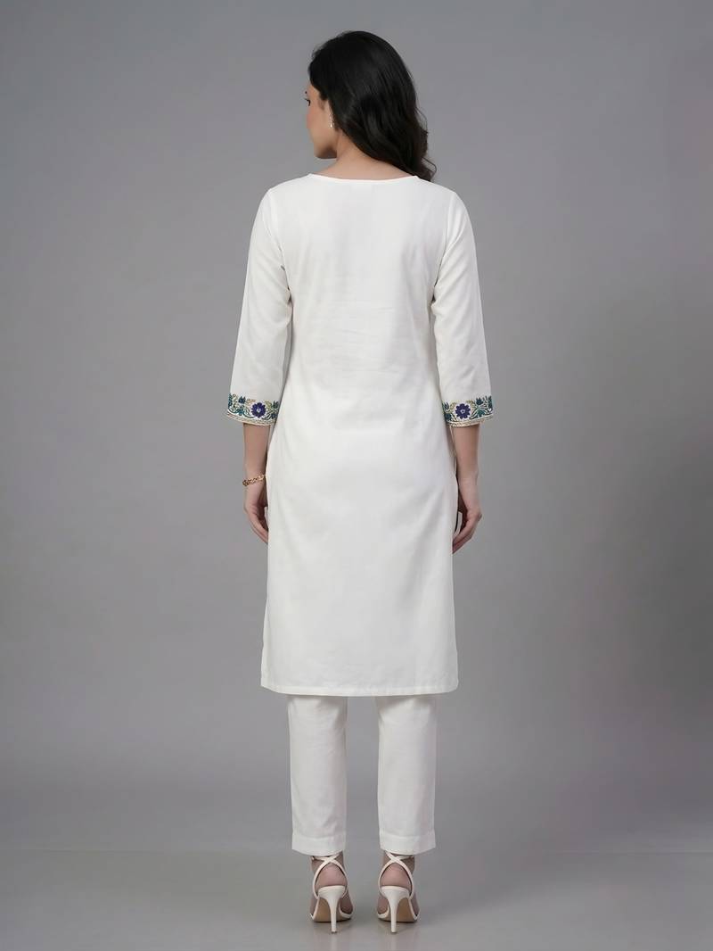 White embroidered rayon kurta set