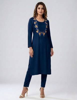 Blue embroidered rayon kurta set 1