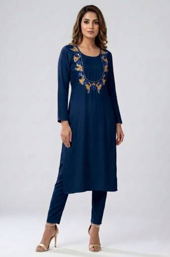 Blue embroidered rayon kurta set